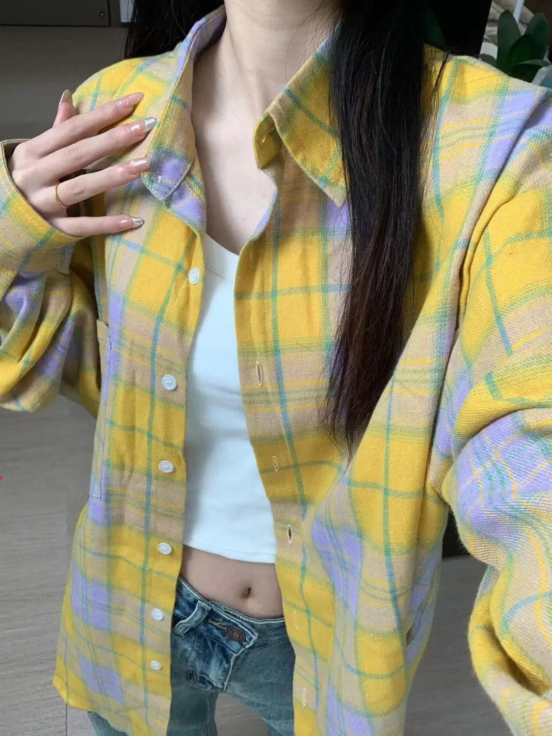 

Vintage Yellow Plaid Shirt Women's All-match Long Sleeve Trendy Top For Fall & Winter Casual Ladies Clothes Tops Korean Style