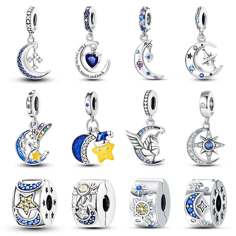 

925 Sterling Silver Sparkling Zircon Star Moon Series Charm Fit Pandora Original Bracelets DIY Birthday Beads for Jewelry Making