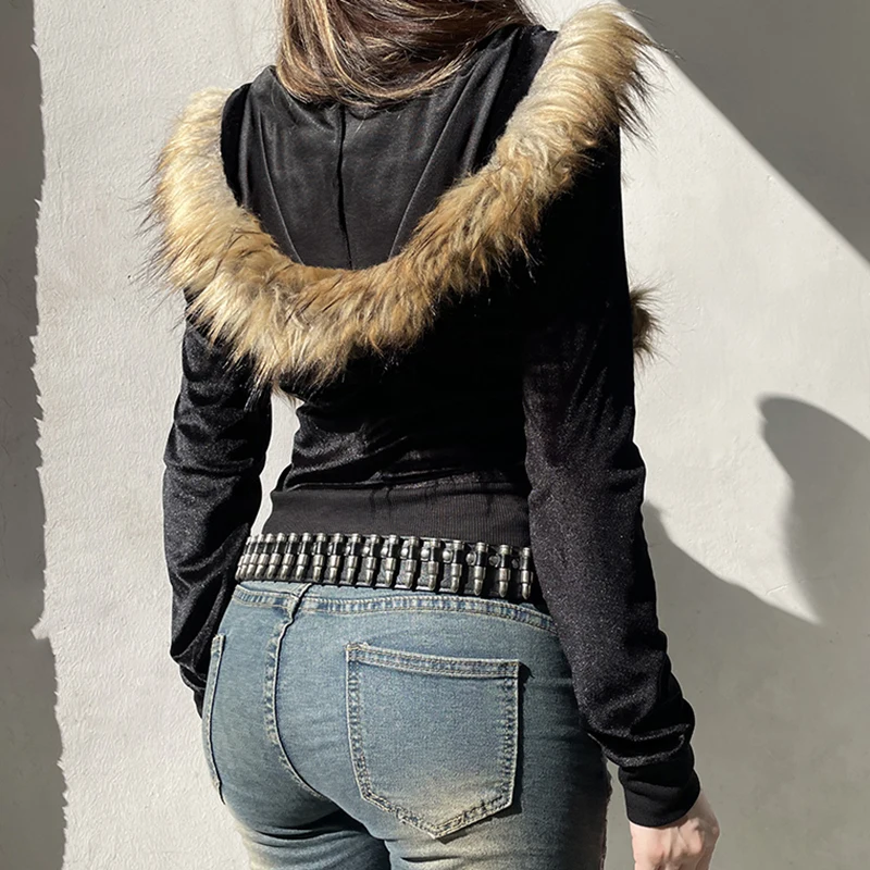 IAMHOTTY Vintage Faux Feathers Hooded Cardigan Black Cute Furry Ball Decorate Hooded Jackets Autumn Velvet Thin Coats Streetwear