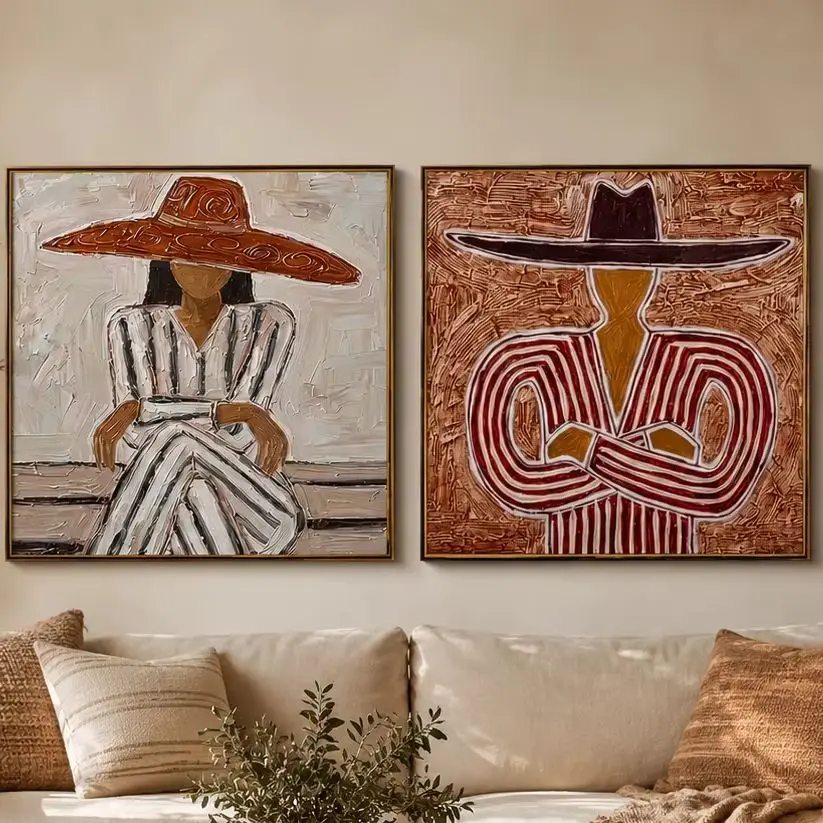 (No frame)The Sienna Pair – Vintage Americana Diptych Sombrero Portrait Painting | Bold Rustic Living Room Art for Bedroom, L