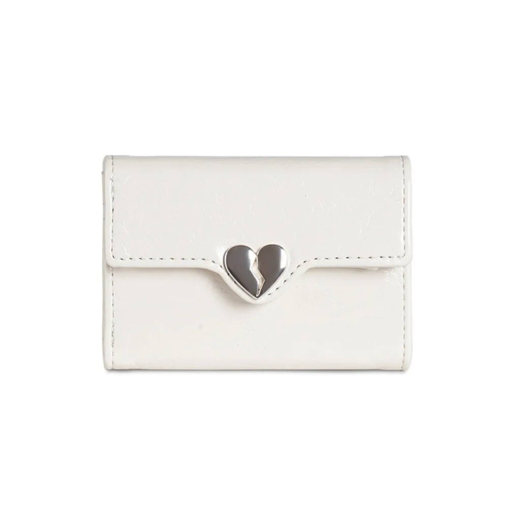 Korean Style PU Leather Crack Heart Wallet Solid Color Snap Button Coin Purse Portable Card Bag Women