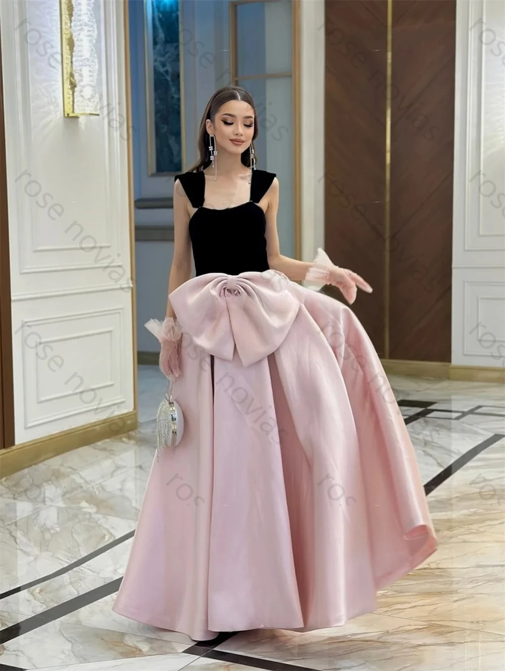 Haute qualité tailles personnalisées disponibles nœud plissé a-ligne col carré robes longues robes d'occasion sur mesure formelle classique rétro