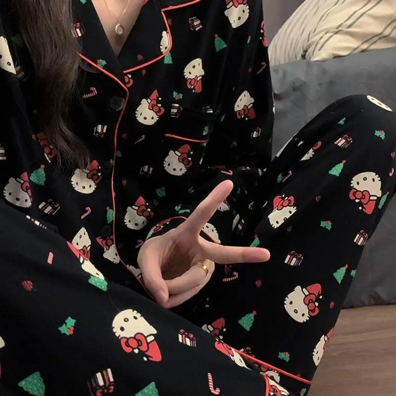 Hello Kittys – ensemble pyjama imprimé pour femmes, printemps-automne, dessin animé, manches longues, pantalon, vêtements de nuit décontractés, tenue de maison