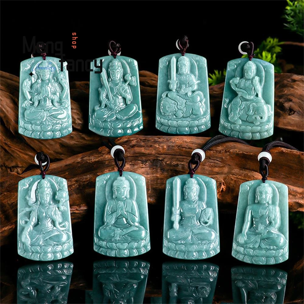 

Natural A-goods Jadeite Blue Water Eight Guardian God of the Zodiac Buddha Goddess of Mercy Pendant Buddhist Amulet Fine Jewelry