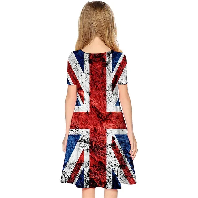 Summer rice flag graphic print girls off-the-shoulder round neck fashion dress hot sale