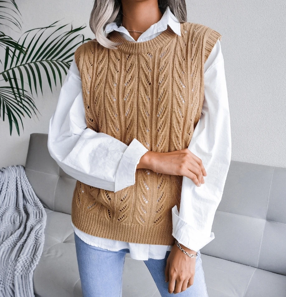 Women's round neck hollow leaf casual knitted vest sweater, simple and personalized casual retro vest sweater, women's clothing