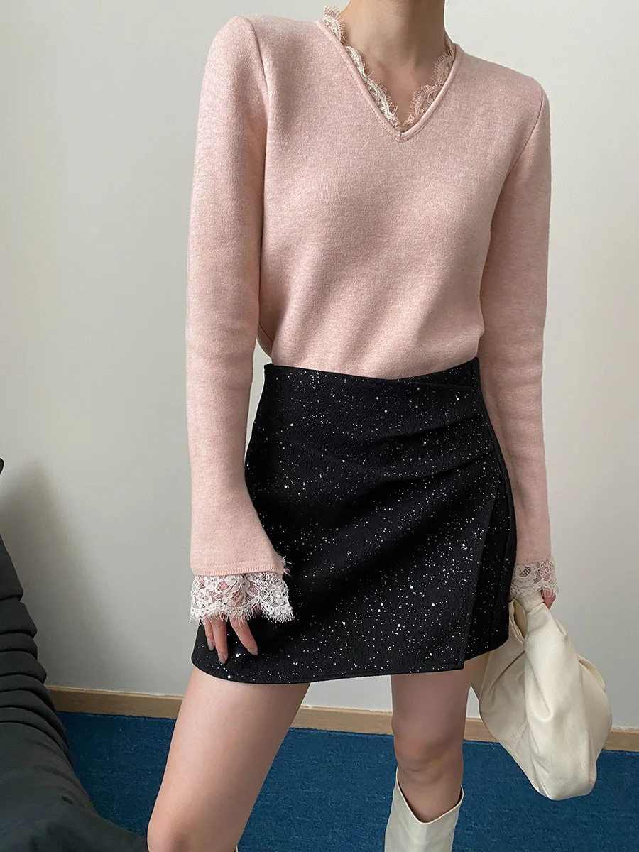 Spring and Autumn Women's Casual Solid Color Glitter Design High Waist Irregular Half Skirt