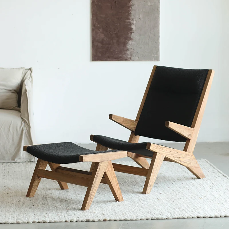 Black wabi-sabi style, old pine, plush soft upholstery, living room, nap lounge chair, solid wood, retro balcony, lazy