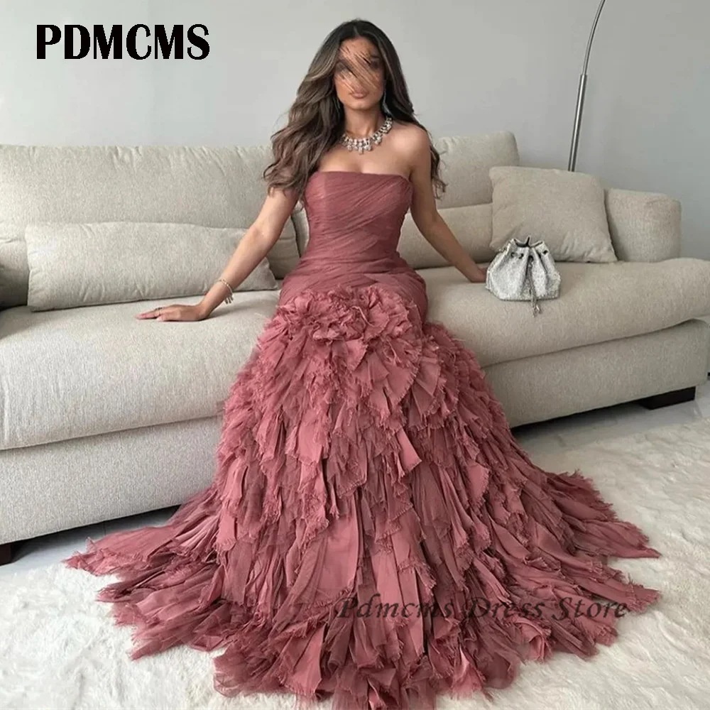PDMCMS Strapless Formal Prom Dresses Floor-Length Wedding Party Dress Pleat Tiered Tulle Sleeveless Quinceanera Prom Gowns Women