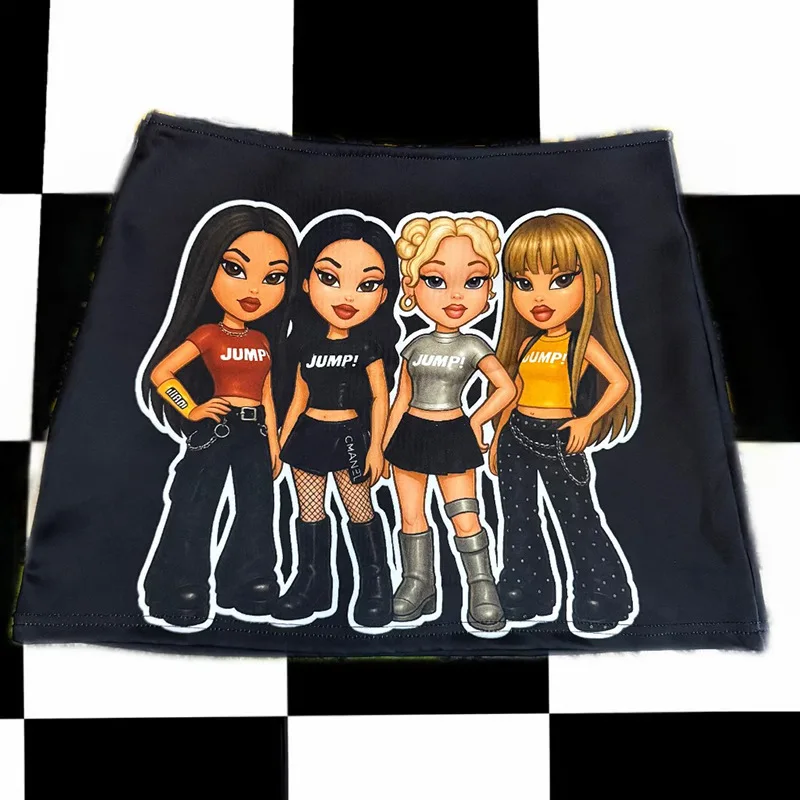 Y2K Retro Short Skirt Cartoon Girl Group Print Low Waist for American and European Women