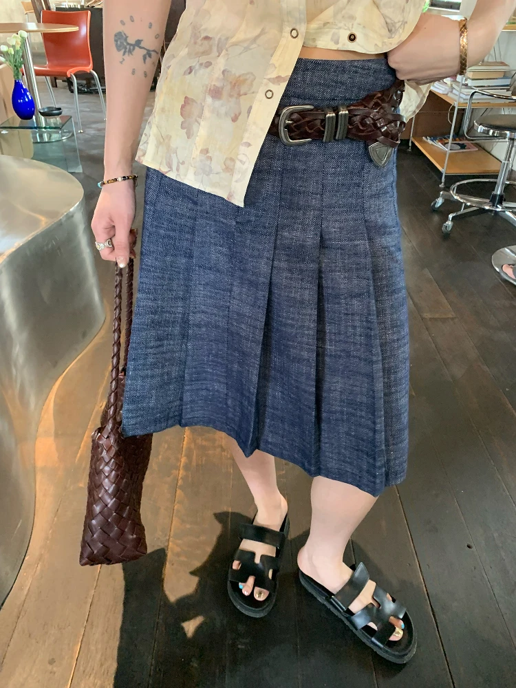 

LelyMooch оригинальный дизайн, расклешенная юбка-миди из смешанной конопли, женская винтажная юбка с высокой талией и 3D плиссировкой из смеси хлопка и полиэстера