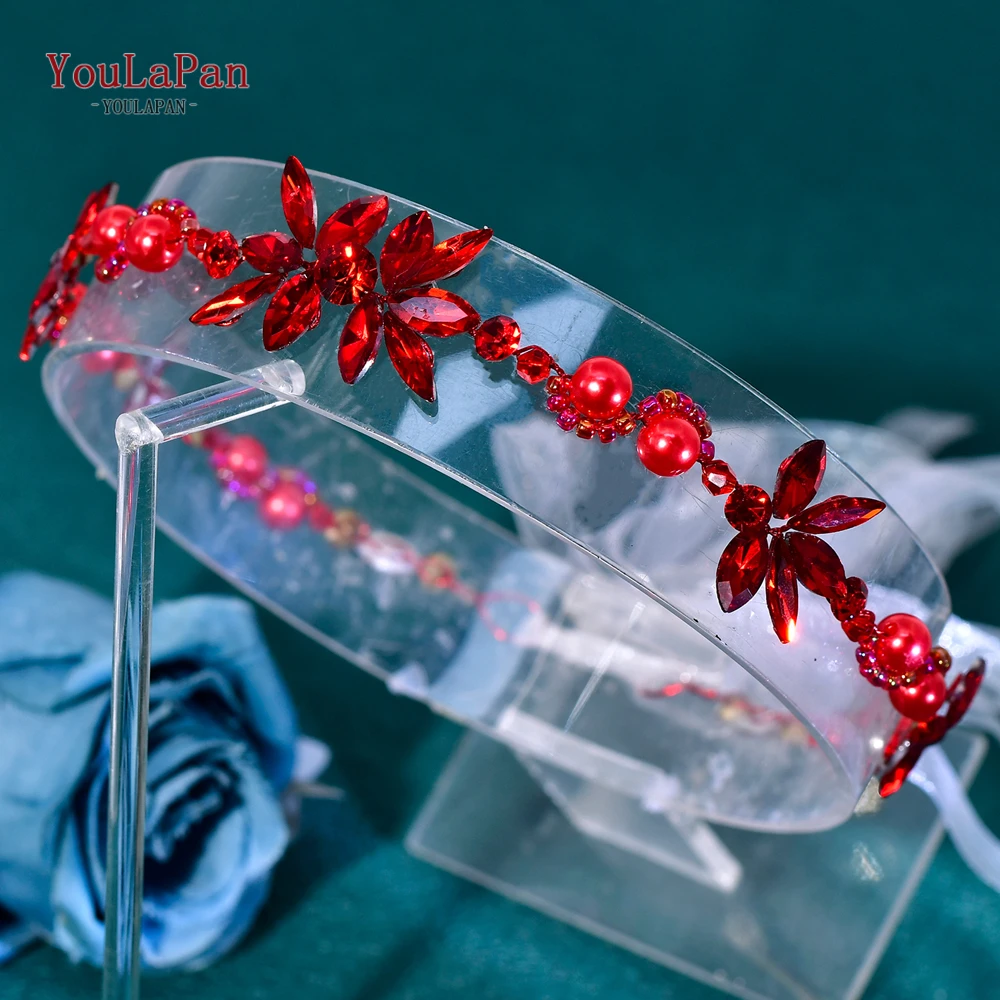 YouLaPan Red Crystal Headband With Organza Pearl Rhinestone Bridal Hair Vine Wedding Party Bridesmaid Hair Accessories HP132