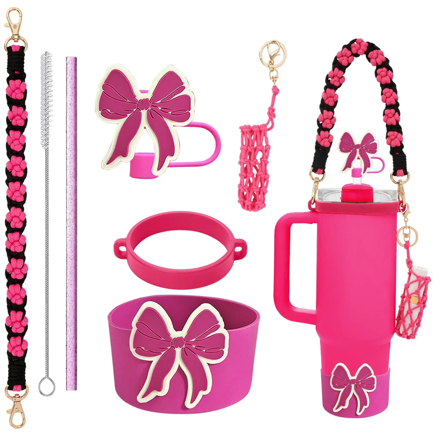 For Stanley Accessory Set - Woven Daisy Hand Strap Straw Brush Bow Topper And Hanging Pendant for Enhanced Beverage Enjoym