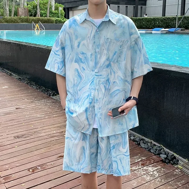 Men's Hawaiian Beach Tie Dye Shirt Set Summer Short Sleeve Shirt Shorts Two Piece Outfit