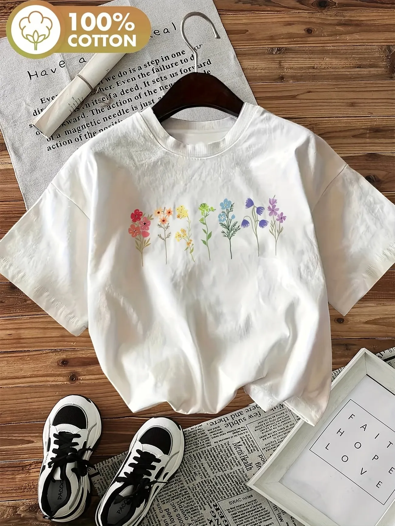 Graphic Flower Y2k 100% Cotton Women's Retro Floral Print T-Shirt Soft Crew Neck Short Sleeve Top Vintage Shirt Floral Design