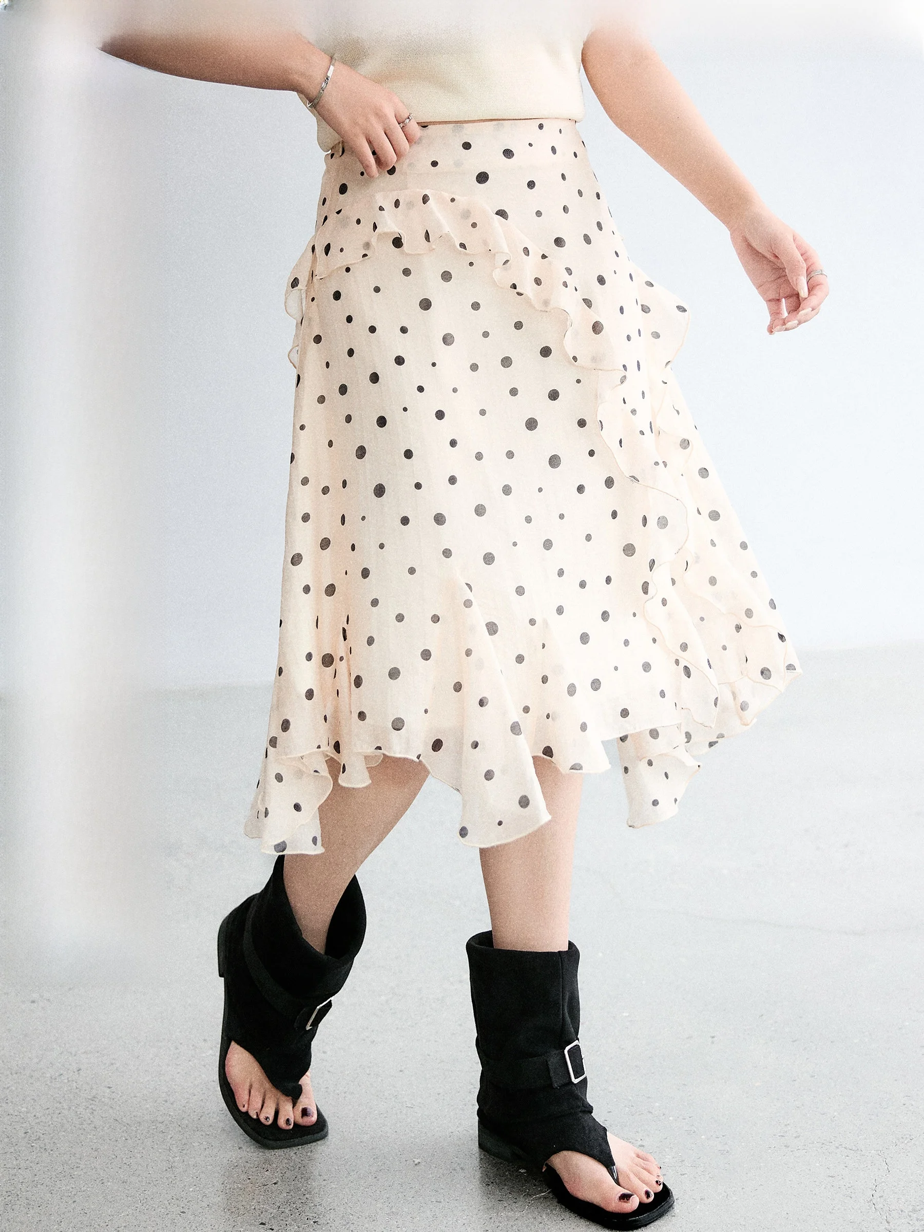

Jiulu Studio plus Size Half Skirt with Ruffle Uneven Polka Dot Design for Plump Women Commute Style A-Line Summer Skirt