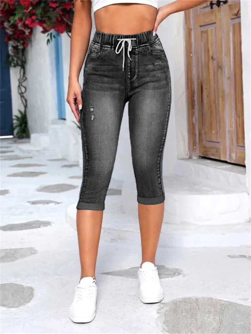 2023 New Summer Women\'s Elastic Waist Black Ripped Jeans Fashion High Stretch Calf-Length Denim Pencil Pants S-2XL