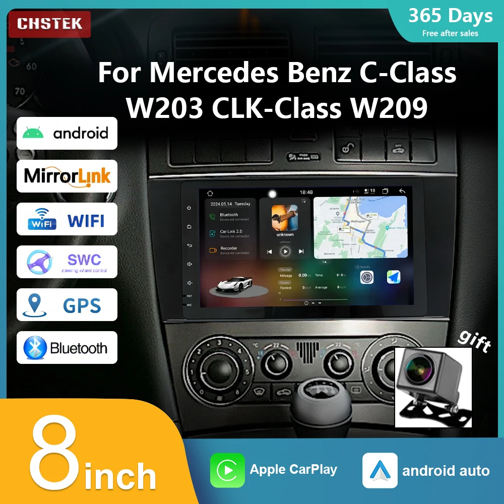 CHSTEK Car Player Radio Android 13 CarPlay for Mercedes Benz C CLK W203 2004-2007 W209 C180 C200 C220 C230 C240 Qualcomm GPS 4G