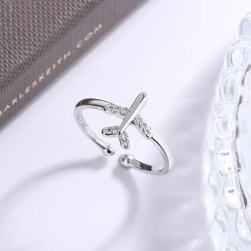 New Fashion Diamond Studded Zircon Airplane 925 Sterling Silver Jewelry Personality Opening Rings  R141