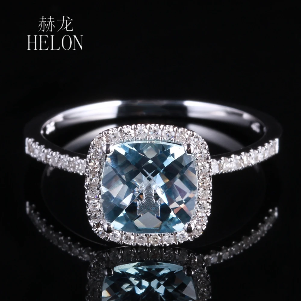 HELON Solid 14K AU585 White Gold Cushion 1.2ct Natural Aquamarine Diamonds Engagement Ring For Women Anniversary Genuine Jewelry