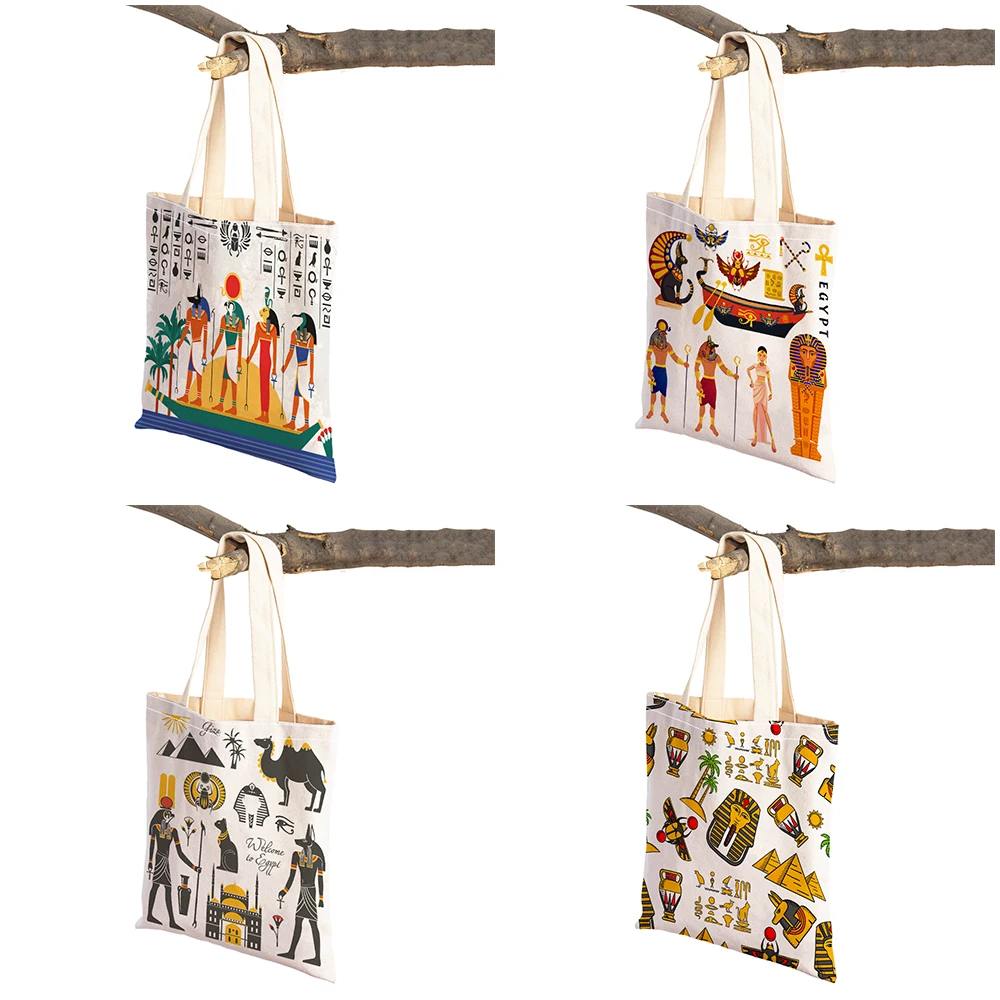 Vintage Egyptian Anubis Cartoon Lady Shopping Bag Double Print Cloth Canvas Geometric Women Shopper Bags Girl Shoulder  Handbag