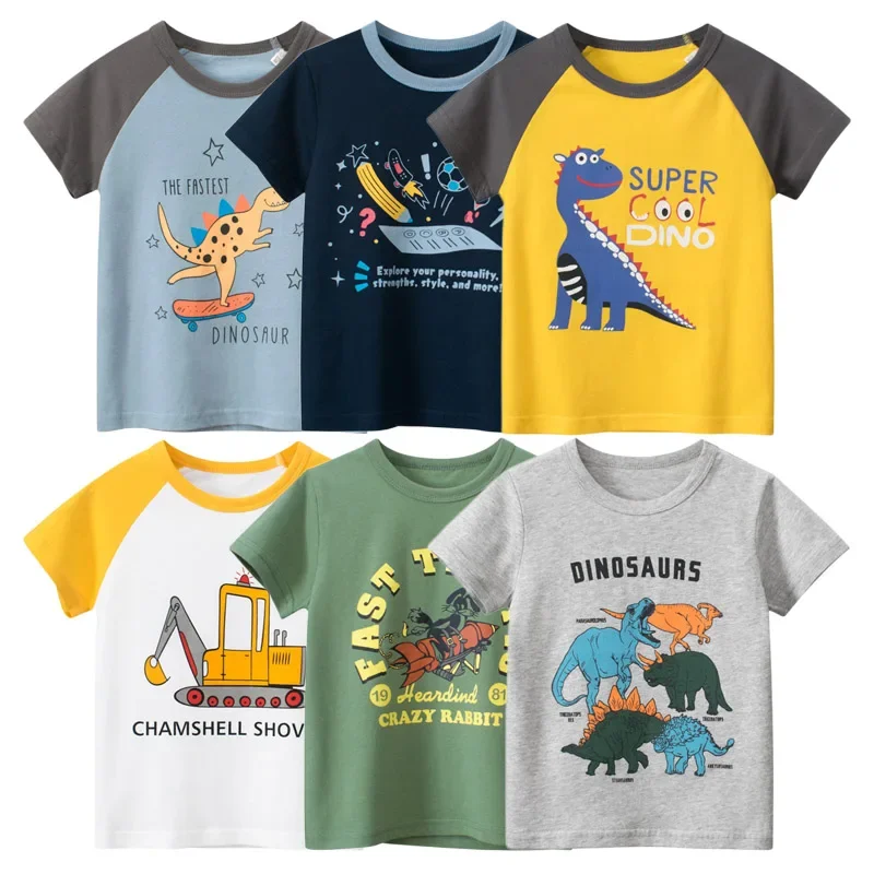 

2024 Summer New Children's Wear Boys Short Sleeve Cotton T-shirt Cartoon Dinosuar Print Kids Clothes Dropshipping