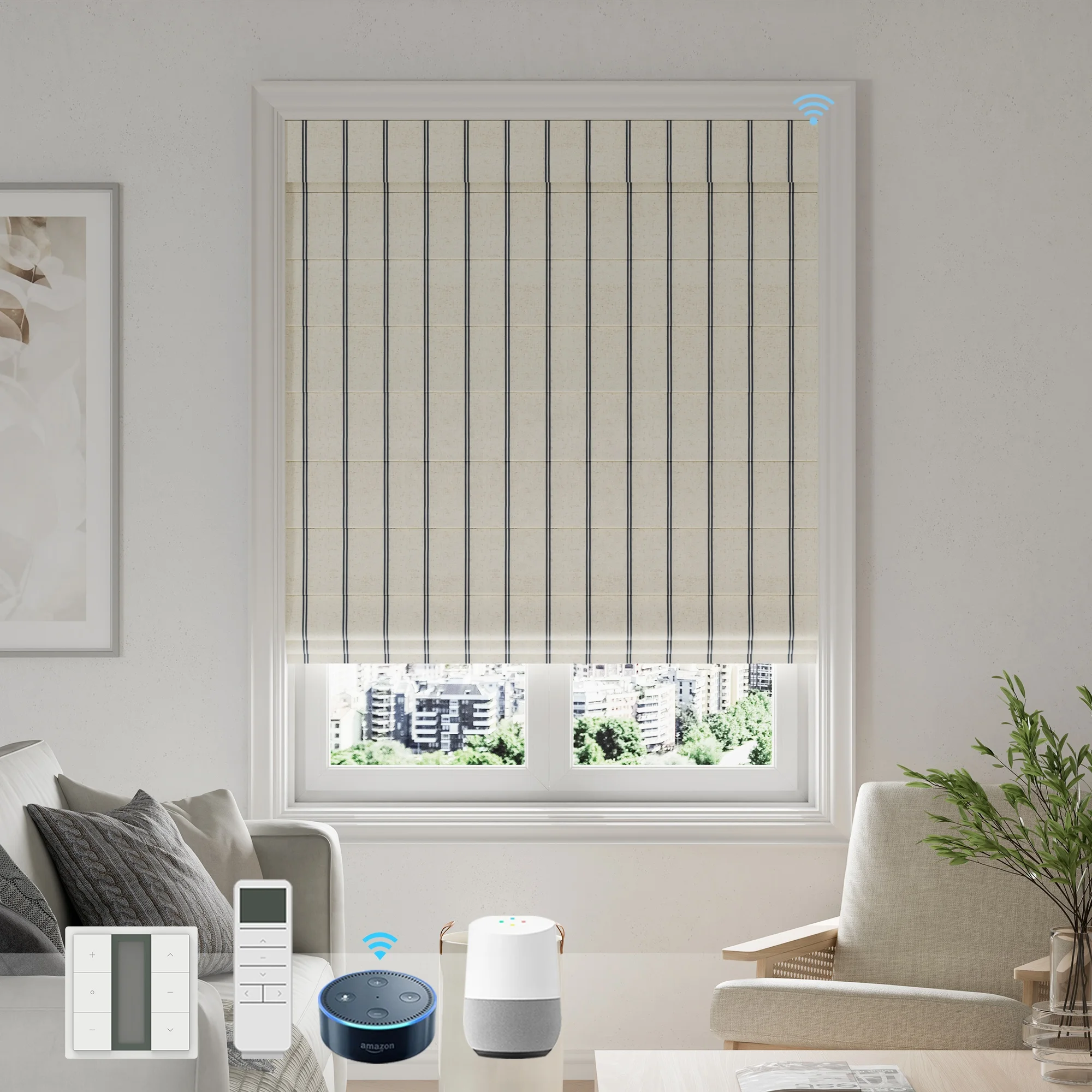 French Stripe Roman Shade Electric Motorized Remote Flat Type Soft Blackout Fabric Roman Blind Shades
