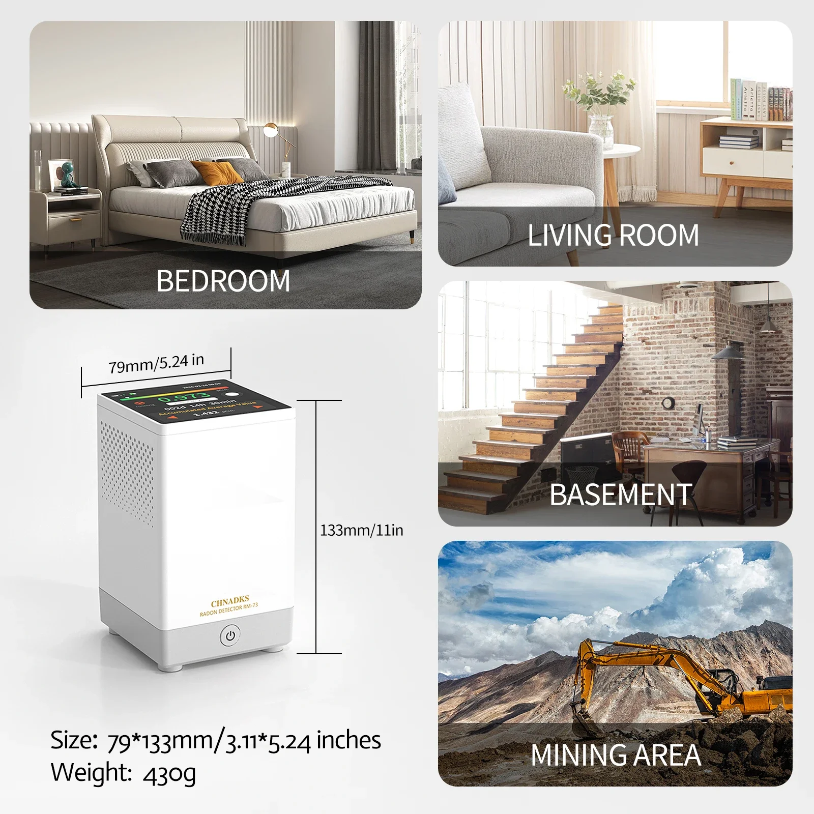 Radon Detector Audible Visual AlarmTouchscreen LCD Color Display, Long-Term Radon Gas  Detector Monitoring PCi/L or Bq/m³
