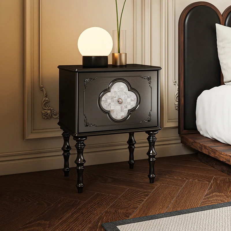 French retro bedside table solid wood master bedroom black four-leaf clover home bedroom black American single-draw bedside tabl