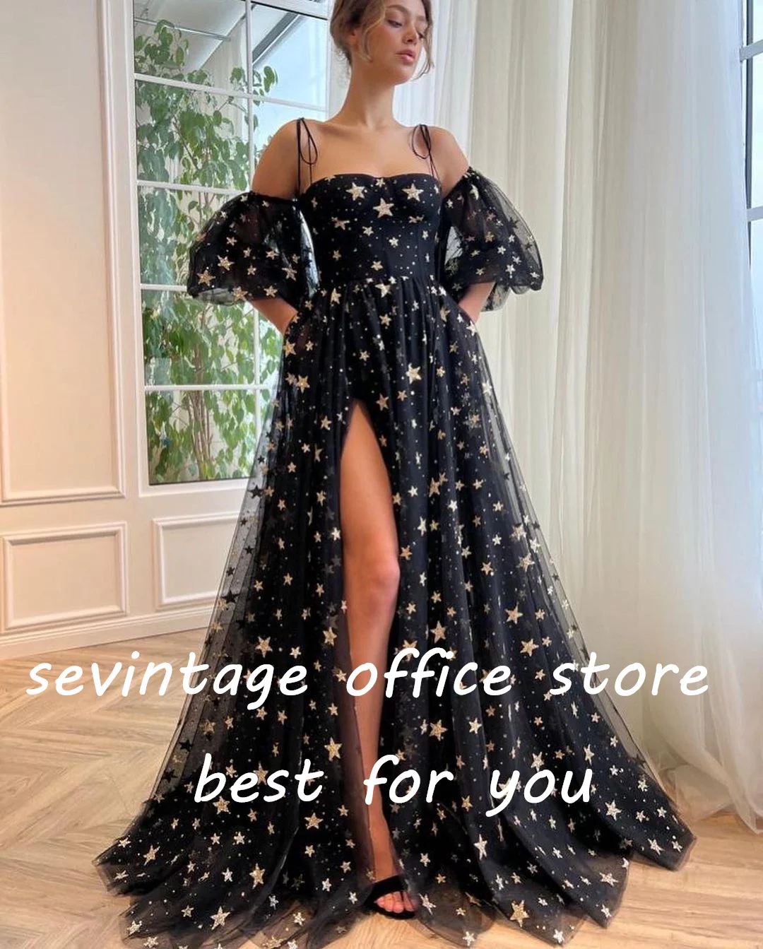 Sevintage Elegant Balck Starry Tulle Prom Dresses High Side Split Puff Sleeves Saudi Arabic Women A-Line Evening Party Gowns