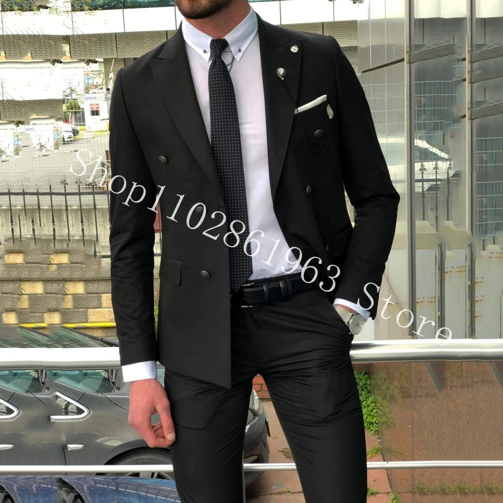Black Formal Slim Fit Suits Blazer Pants Peak Lapel Double Breasted Best Men Tuexdos For Wedding Groom Wear Trajes De Hombre