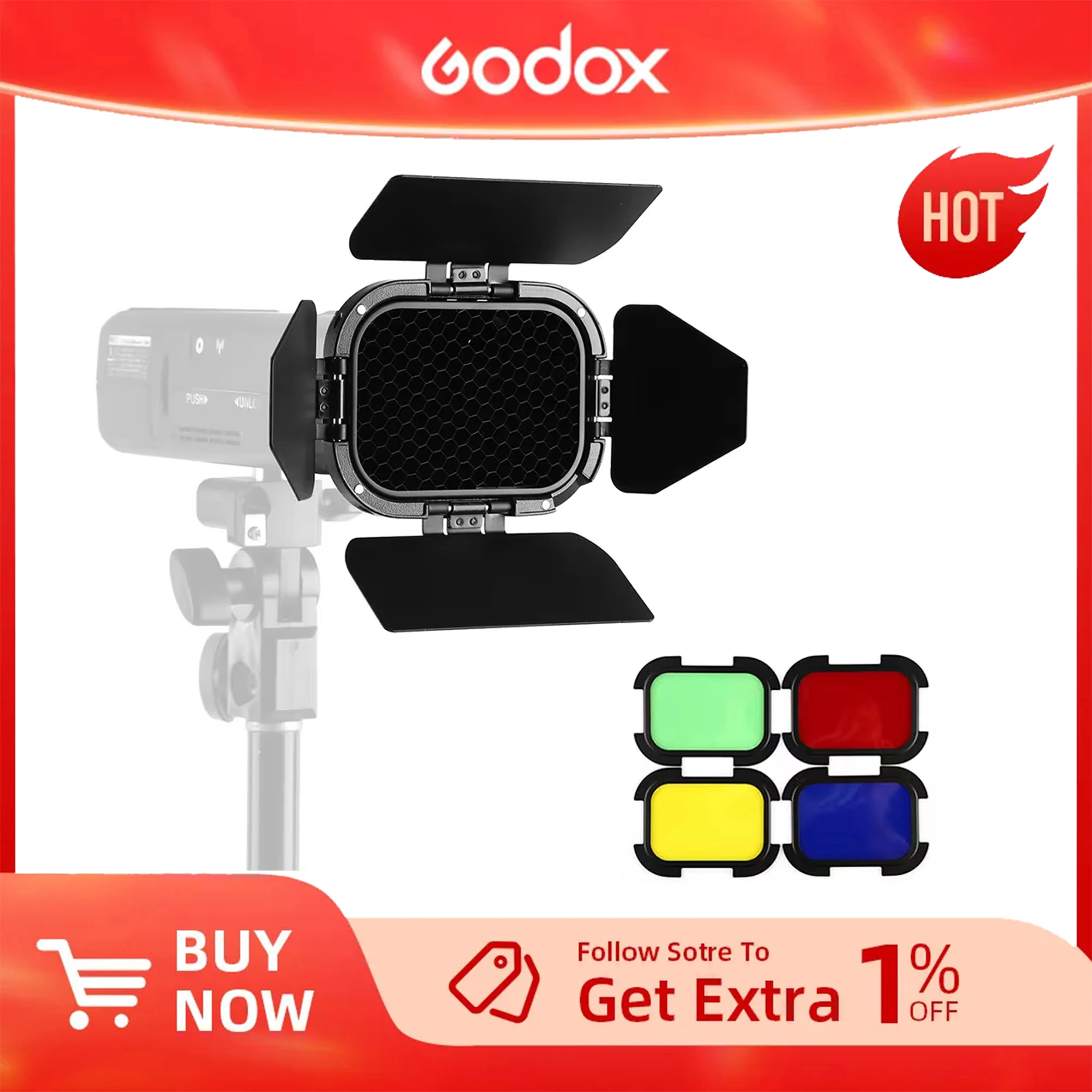 Godox Barn Door BD-07 with Detachable Honeycomb Grid 4 Color Gel Filters for Godox AD200 Pocket Speedlite