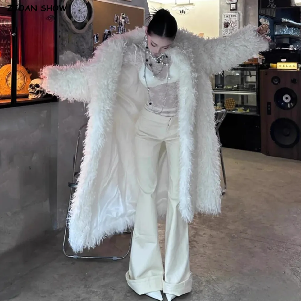 

High quality Winter White Long Curly Circle Hairy Faux Sheep Fur Ex-Long Coat Women Loose Warm Shaggy Jacket Vintage Outerwear