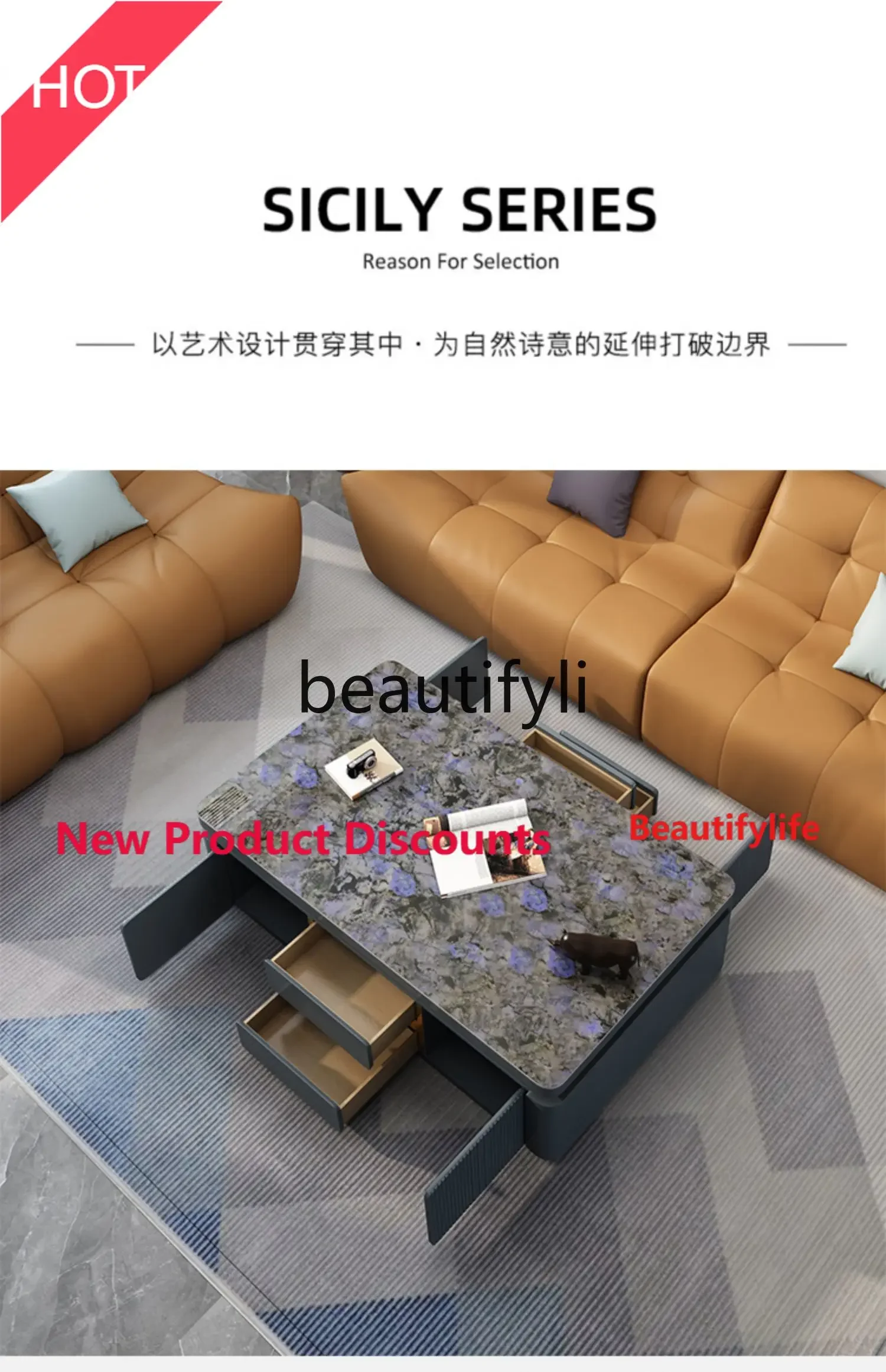 DD45 Solid Wood Blue Jadeite Rock Plate Coffee Table Light Luxury Sense Small Apartment Home Living Room High-Grade