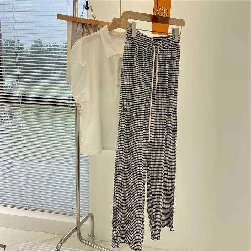 Pantaloni casual plissettati scozzesi bianchi Bla da donna a vita alta gamba larga misto cotone vestibilità comoda coreano Sle Spring Faion