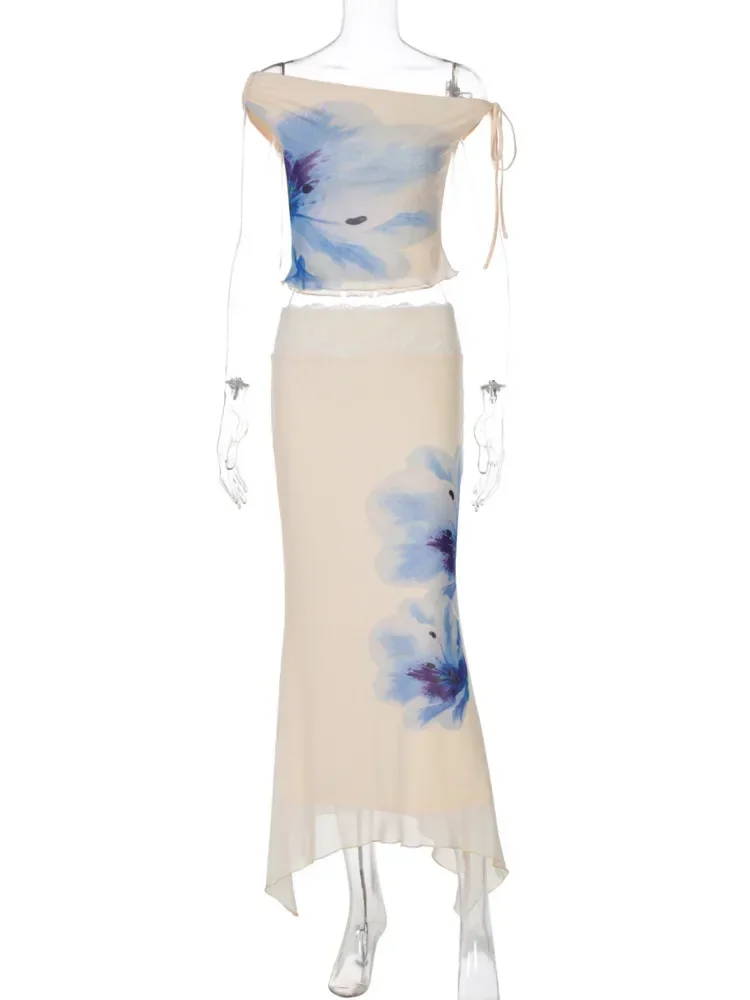 Rok Elegan Bahu Miring Cetak Dua Potong Set Atasan Crop Bertali Seksi Wanita dan Set Rok Panjang Pakaian Liburan