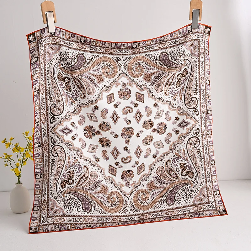 Cream Base Earth Tone Vintage Paisley Silk Georgette Bandana 100% Pure Silk Scarf All Season Women Hair Neck Bag Accessory