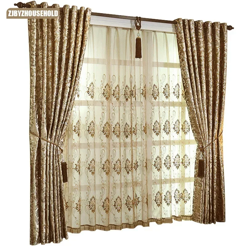 European Luxury Gold Curtains for Living Room Bedroom Sheer Embroidered Tulle Print Shading Windows Backdrop Customize Шторы