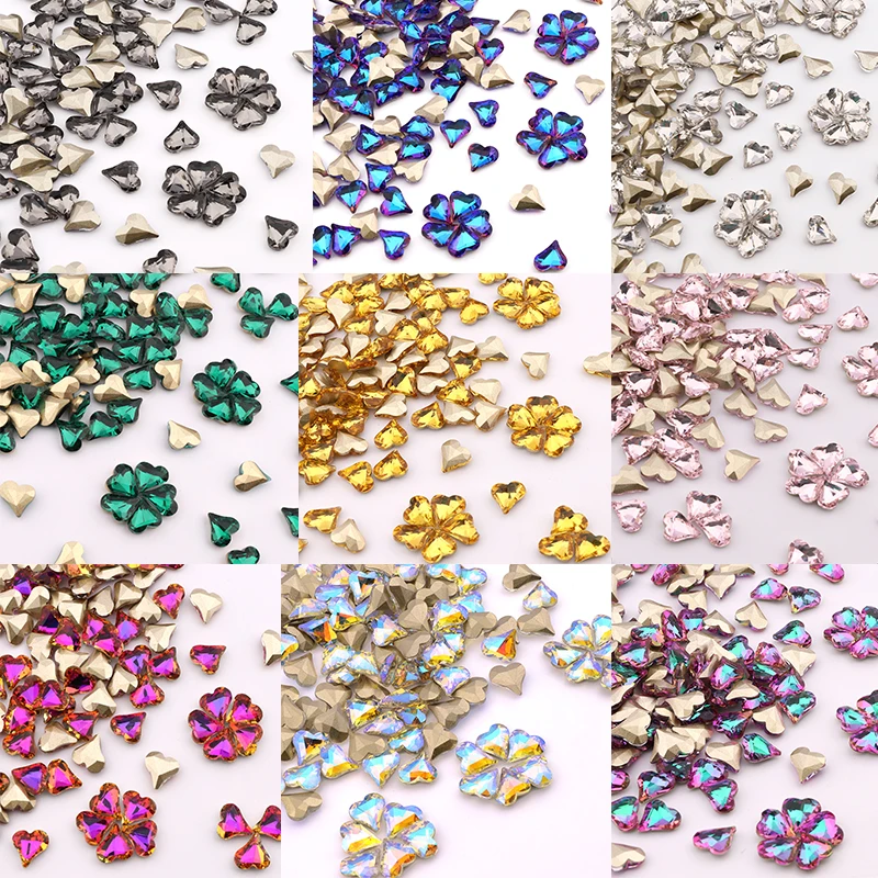 

100PCS Sweet Heart Glass Pointed Fancy Rhinestones Golden Bottom Pointed Crystal n Glass Diamond Strass for Clothing Decoration