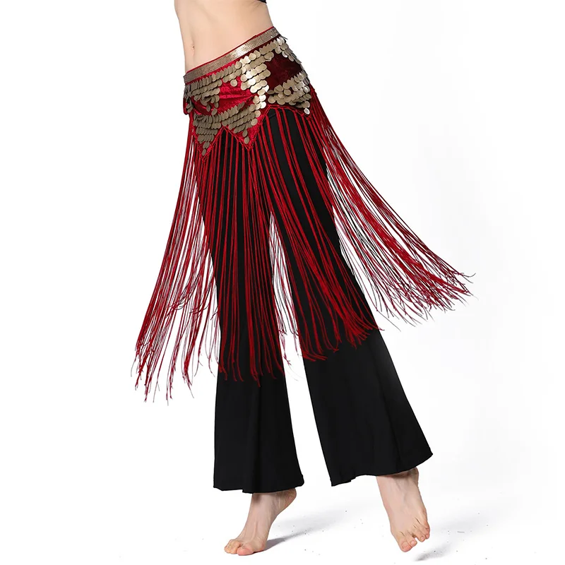 Nova dinâmica dança do ventre cintura corrente ornamento feminino triângulo longo borla dança oriental lantejoulas preto prática hip cachecol