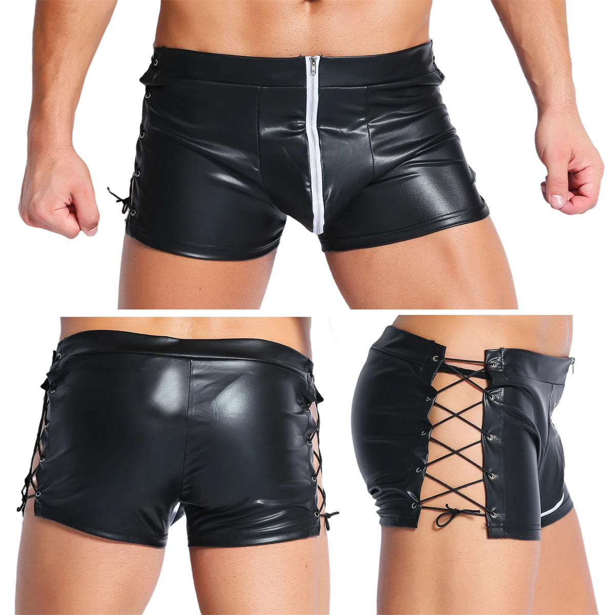 

Mens Hollow Out Side Cross Strap Lace-up Trunks Sexy Dance Party Clubwear Front Zipper Slim Short Pants PU Leather Skinny Shorts