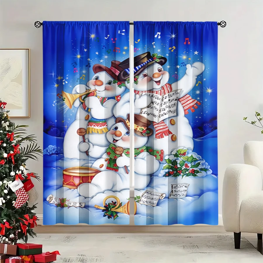 2PCS Christmas Winter Curtains, Snowman Band Music Note Star Blue Cute, Digital Print, Bedroom Living Room, Home Decor