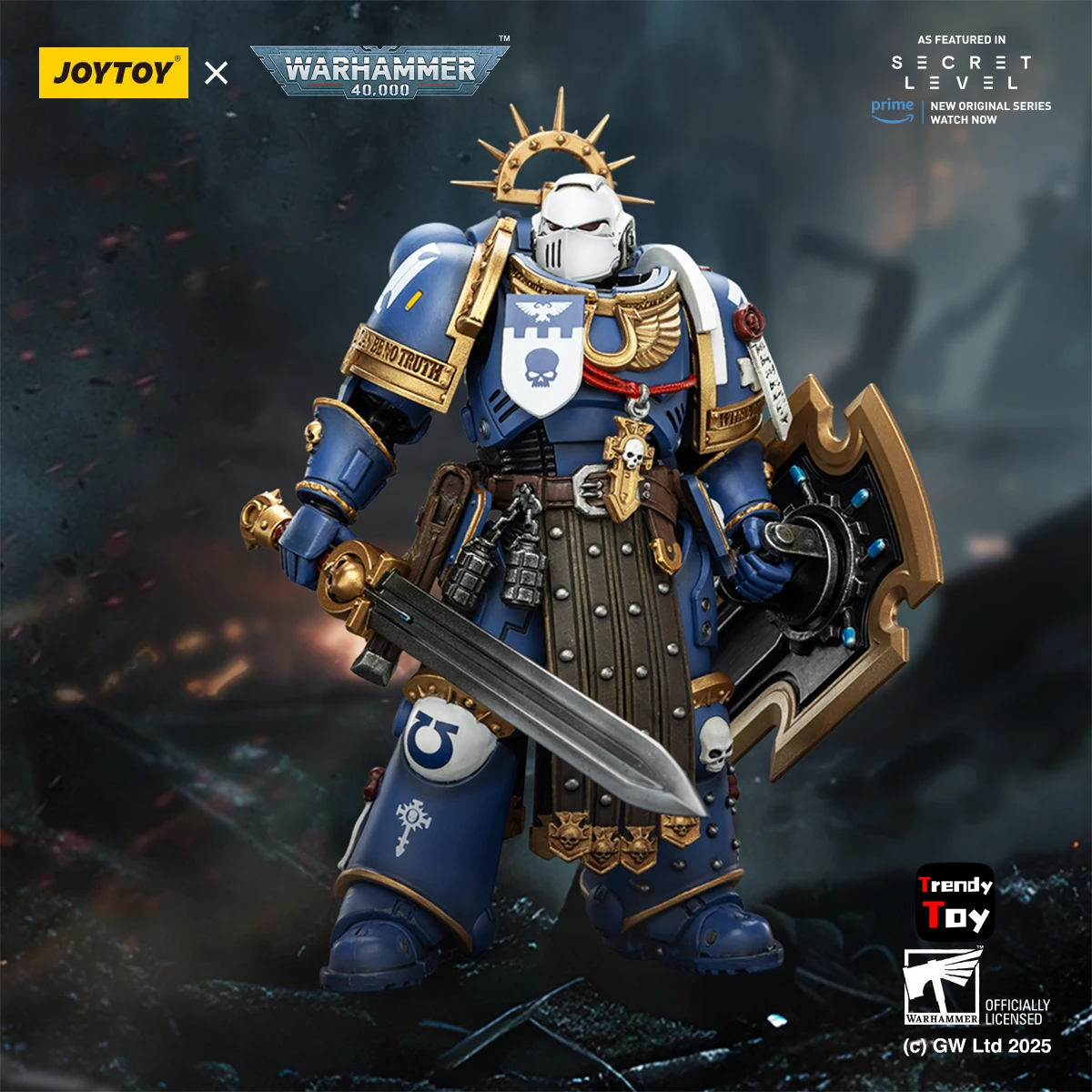 【JOYTOY】Warhammer 40K Ultramarines Titus con Laurels of Victory Metaurus Levantus Torvald 1/18 Figura de acción