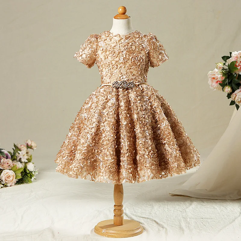 Baby Girl Princess Dress for Birthday Party Kids Luxurious Pink Flower Girl Dresses for Weddings Children Ball Gowns with Belt