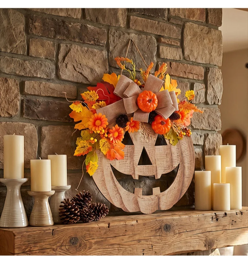 Rustic Halloween Wooden Pumpkin Door Hanger With Bow Thick Board Harvest Maple Leaf Hanging Plaque Anti-deformation Vintage