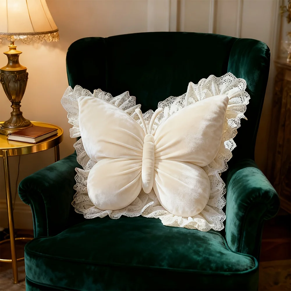 White Butterfly Cushion Pillow, Butterfly-Shaped Decorative Pillow With White Lace Trim, Butterfly Cushion For Chair, Sofa, Bed
