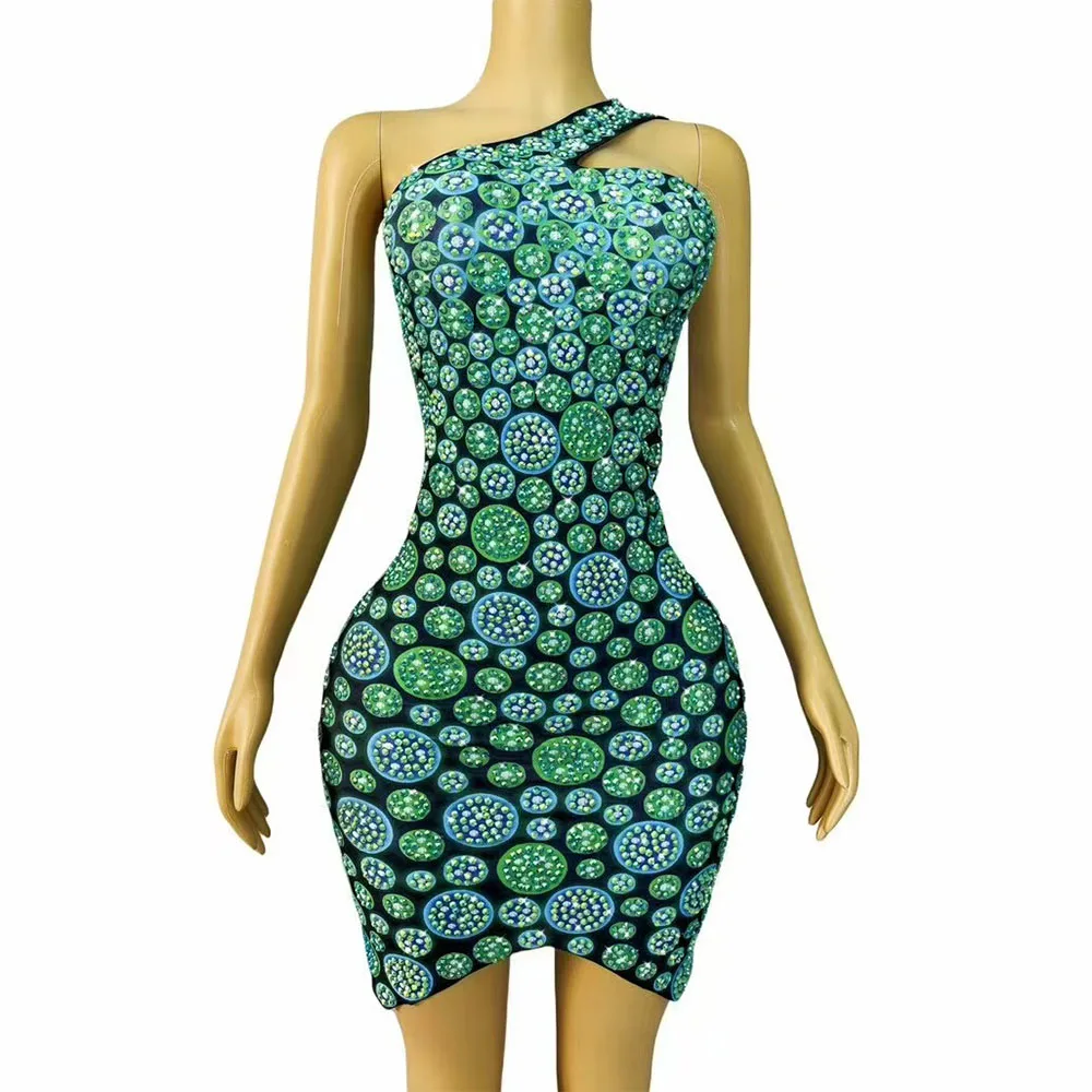 

Sexy Stage Special Evening Shining Rhinestones One shoulder Package Hip Dress Women Birthday Cocktail Party Photoshoot Costume