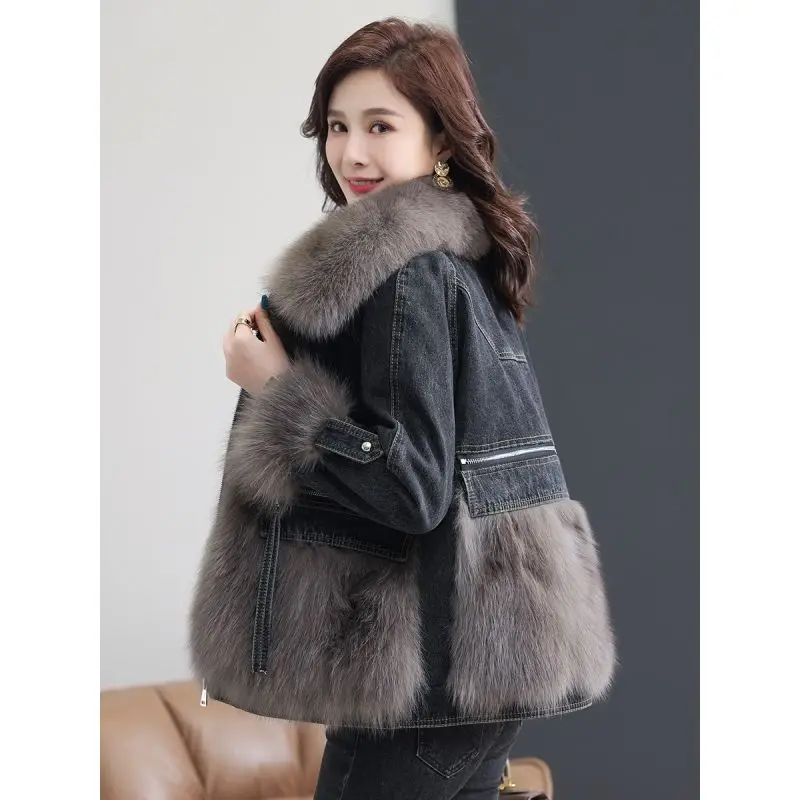 Faux Fox Fur Collar casaco jeans para mulheres, jaqueta Splice, outerwear solto, moda feminina Parkas, jeans, novo, outono, inverno, R061, 2024