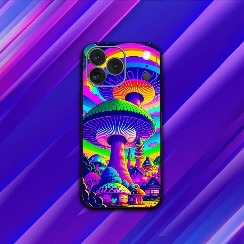 حافظة هاتف P-Psychedelic Mushrooms لهاتف iPhone 17,16,15,14,13,12,11,Pro,Max,Plus,X,XS,SE4,E,Mini,Soft Black Case