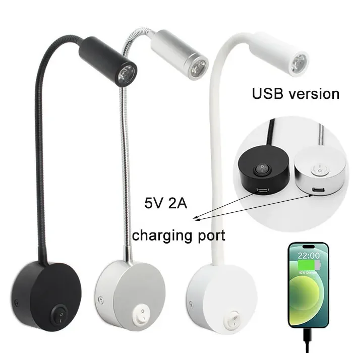 

3W LED Reading Light Black White Silver Gooseneck Wall Lamp Touch Control for Bed Headboard Desk Bedside Switch LED Night Lamp